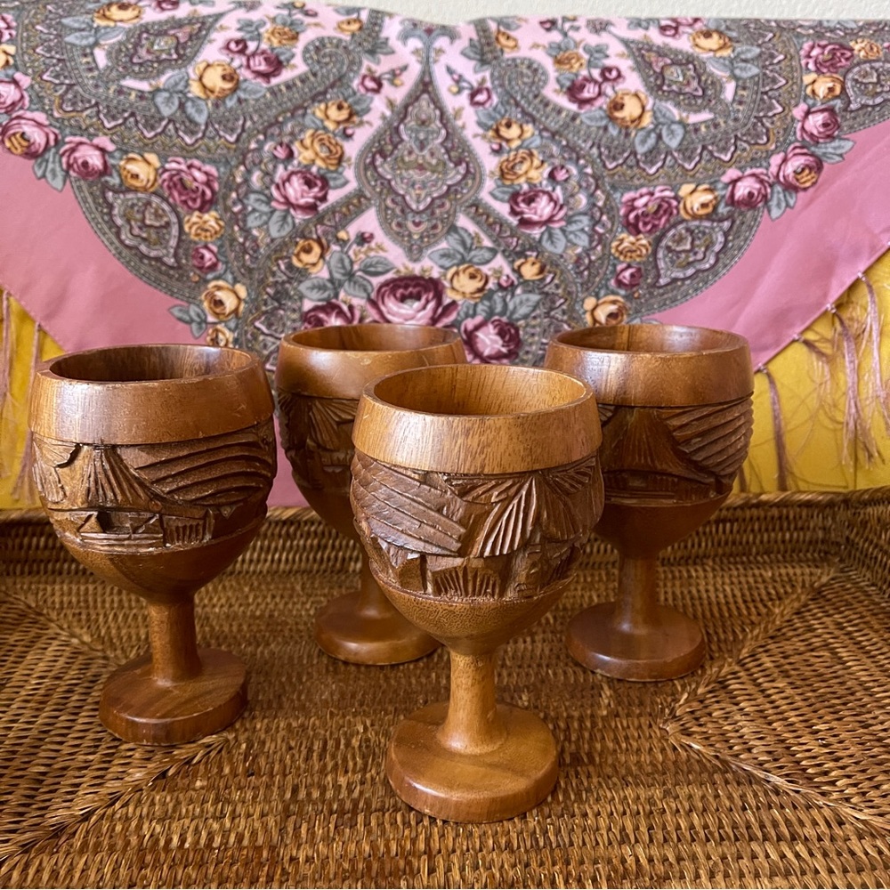 Set of 4 Vintage MCM Teak Tiki Goblets